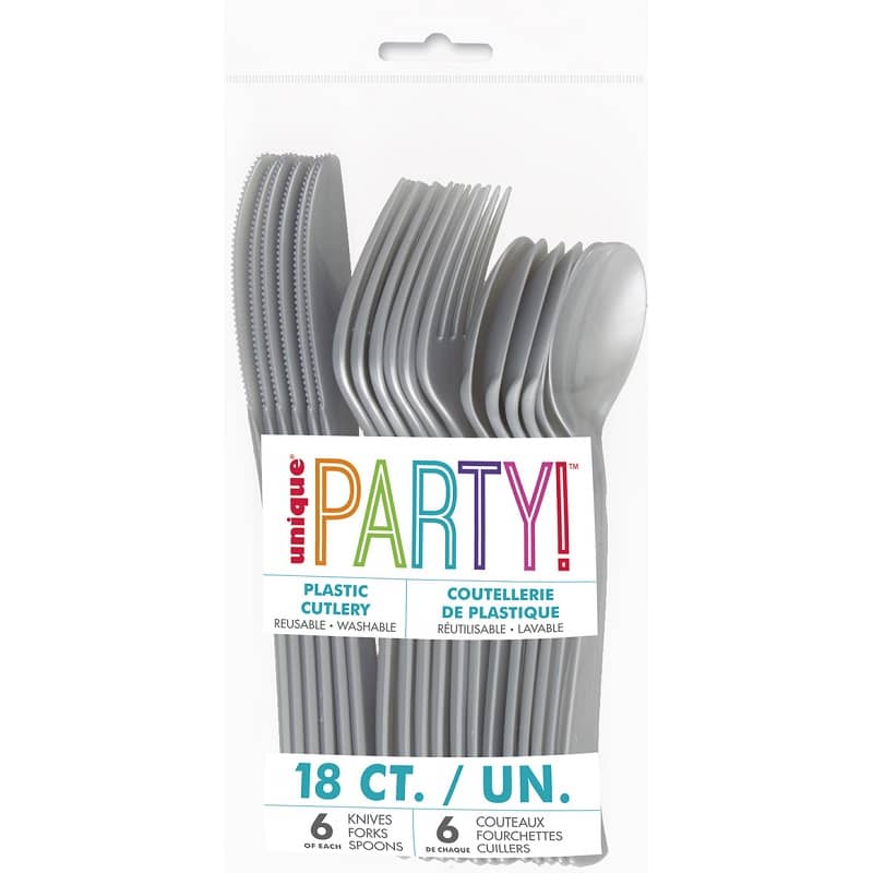 Cutlery 18pk Silver Solid Colour Reusable Plastic Assorted 39506