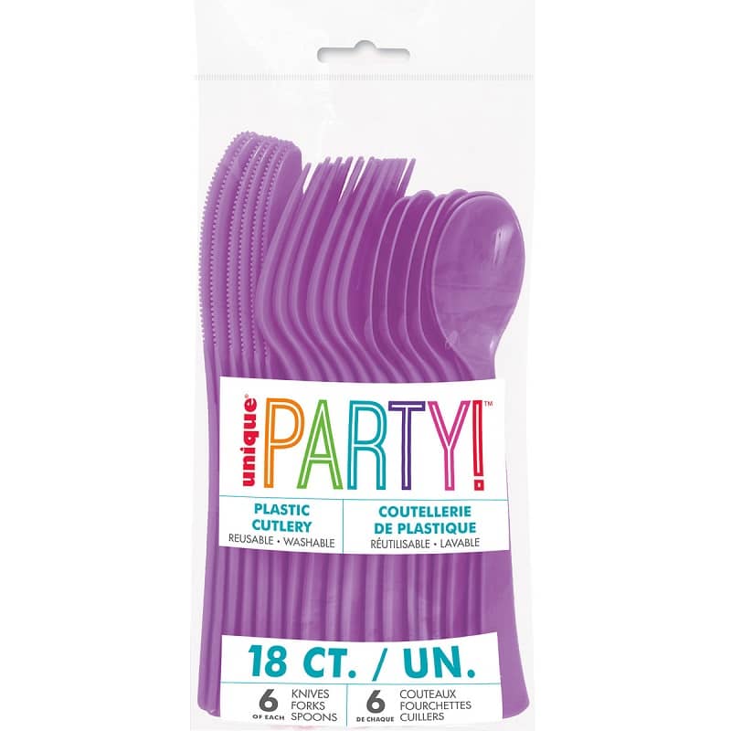 Cutlery 18pk Purple Solid Colour Plastic Assorted 39532