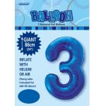 86CM (34″) Royal Blue Number 3 Giant Jumbo Numeral Helium Foil Balloon 48333
