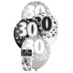 6pk 30th Birthday Latex Balloons Glitz Black Silver White 80894