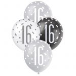 Latex Balloons 30CM 6pk 16th Birthday Black Silver White 83382