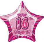 16th Birthday Star Shape Foil Balloon 50cm Glitz Pink Silver 55103