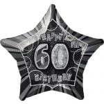 60th Birthday Star Shape Foil Balloon 50cm Glitz Black Silver 55155