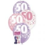 6pk 50th Birthday Latex Balloons Glitz Purple Pink White 80875