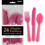 24pk Hot Pink Solid Colour Plastic Assorted Cutlery 31404