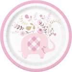 Small Plates 18CM 8pk Floral Elephants Baby Shower Girls Pink 78374