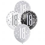 Latex Balloons 30CM 6pk 18th Birthday Black Silver White 83383