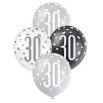 Latex Balloons 30CM 6pk 30th Birthday Black Silver White 83385