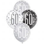Latex Balloons 30CM 6pk 60th Birthday Black Silver White 83388