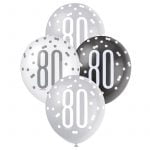 Latex Balloons 30CM 6pk 80th Birthday Black Silver White 83390