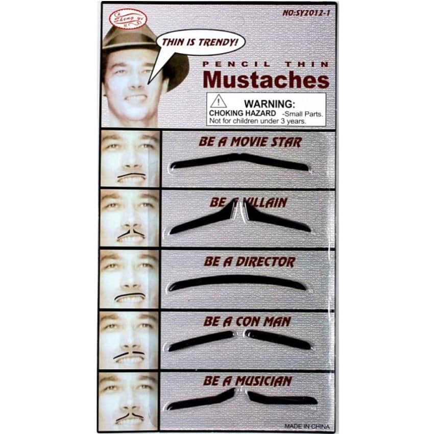 Black Fake Moustaches Set 5pcs 1920’s Pencil Thin 18340