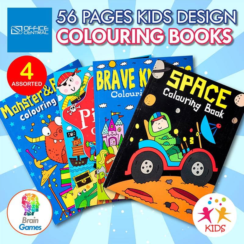 Colouring Books 4pk 56PG Space Monsters Brave Knights Pirates 220045